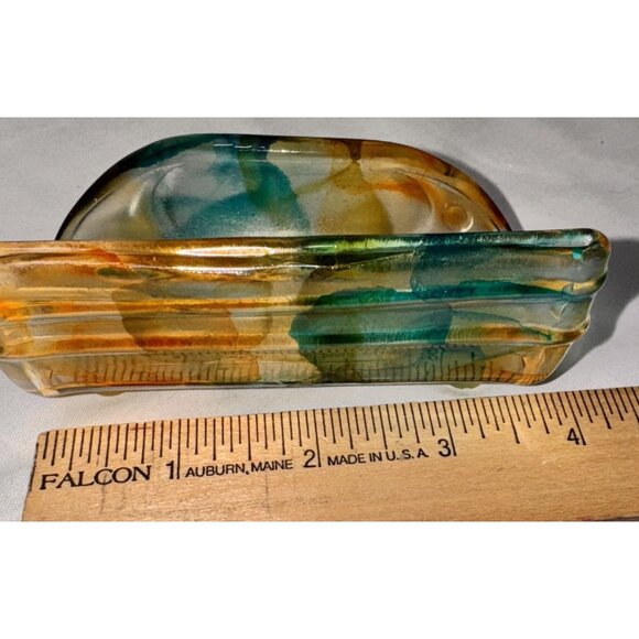 Handmade Fused studio art Glass Business Card Holder Yellow/Blue/Green - Picture 5 of 6